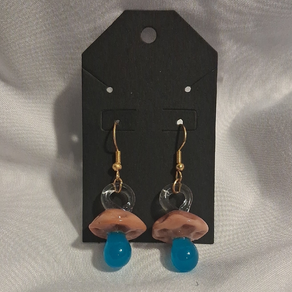 Tan And Blue Glass Mushroom Earings